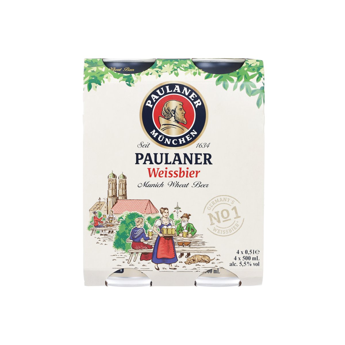 PAULANER Weissbier 4-pack can carrier, white with green leaf graphics and logo