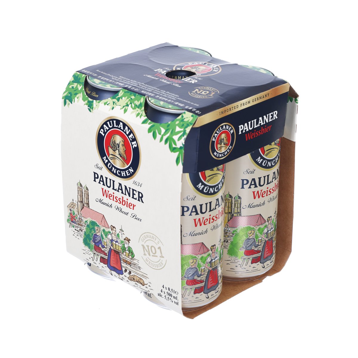PAULANER Weissbier 4-pack can carrier, showing top and side can labels