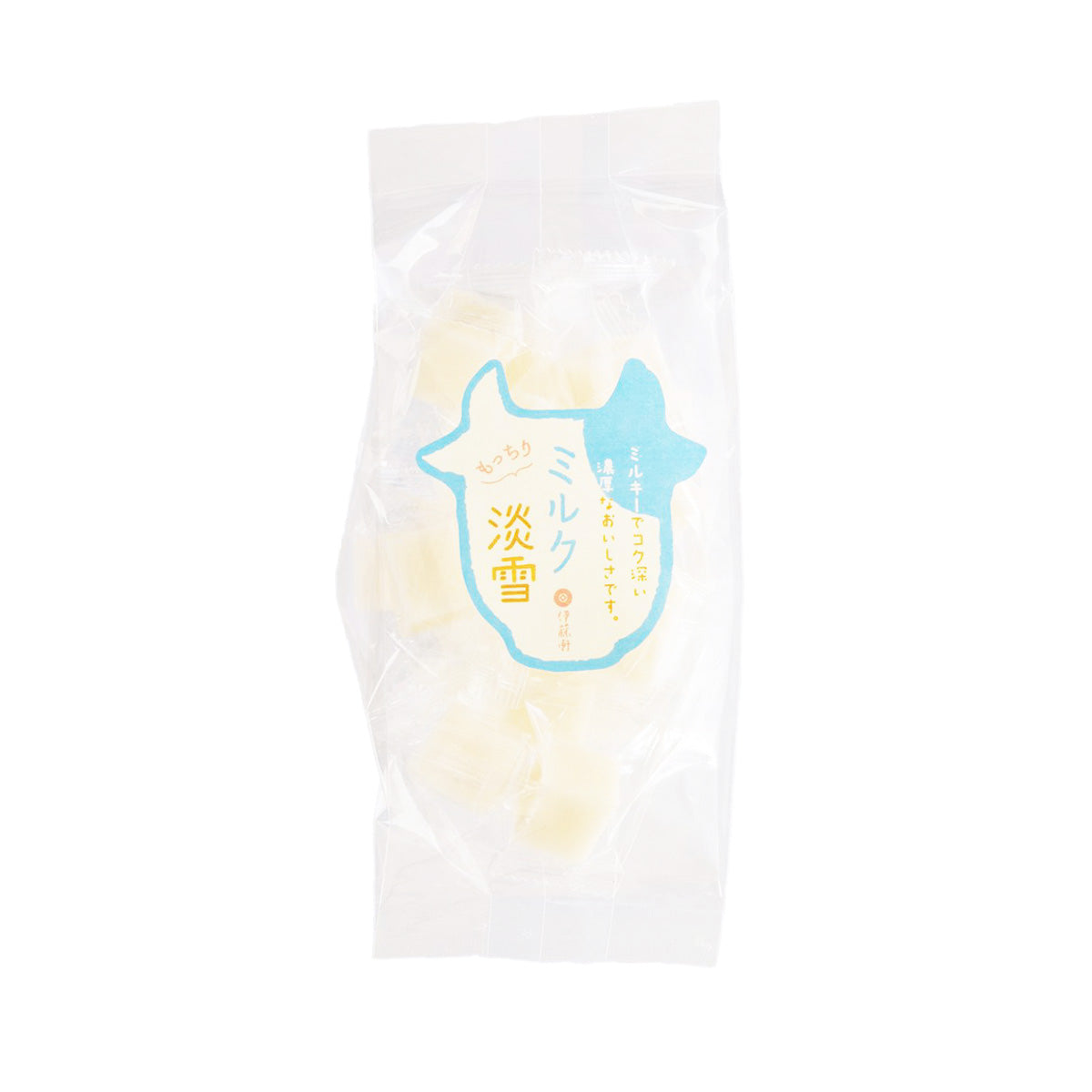 Milk flavored agar snack pouch, transparent bag with blue front logo