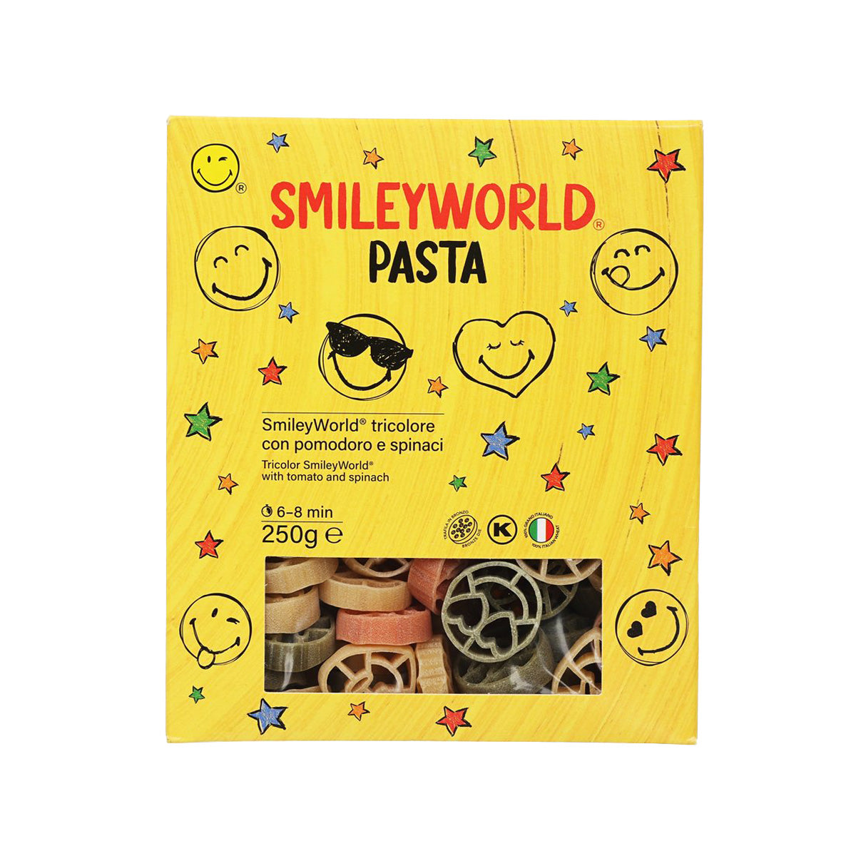 DALLA COSTA SmileyWorld tricolor pasta box, yellow with smiley graphics and window