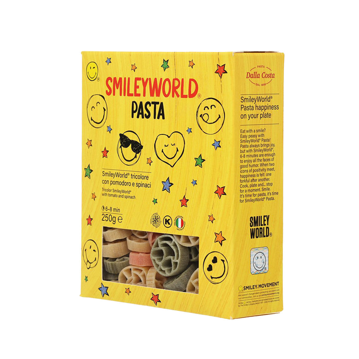 DALLA COSTA SmileyWorld tricolor pasta box side, yellow with info text panels