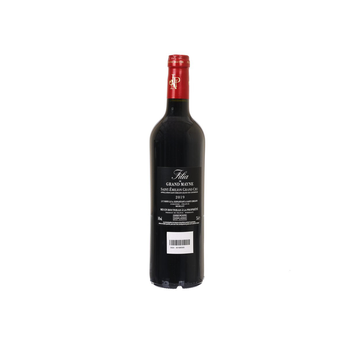 FILIA DE GRAND MAYNE 2019 wine bottle with back label and barcode