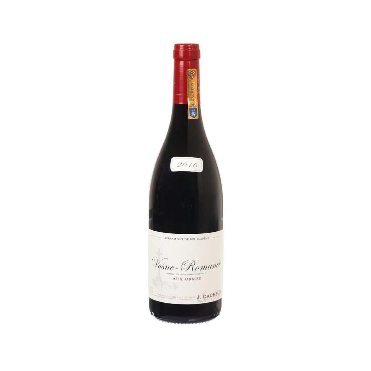 2016 red wine bottle with cream front label and red neck foil