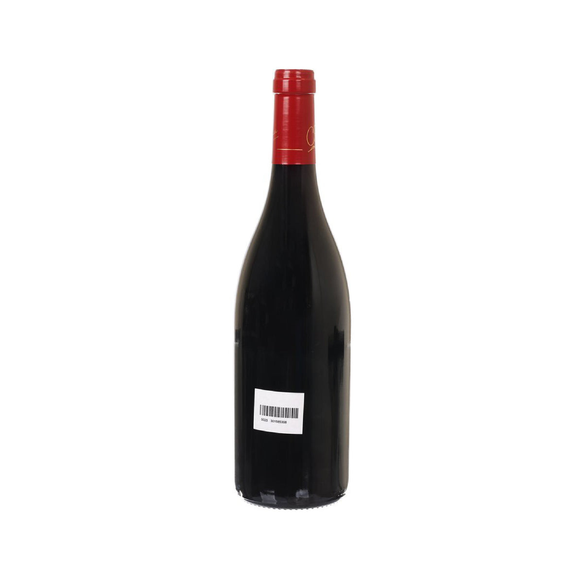Red wine bottle back view with barcode label and red foil neck