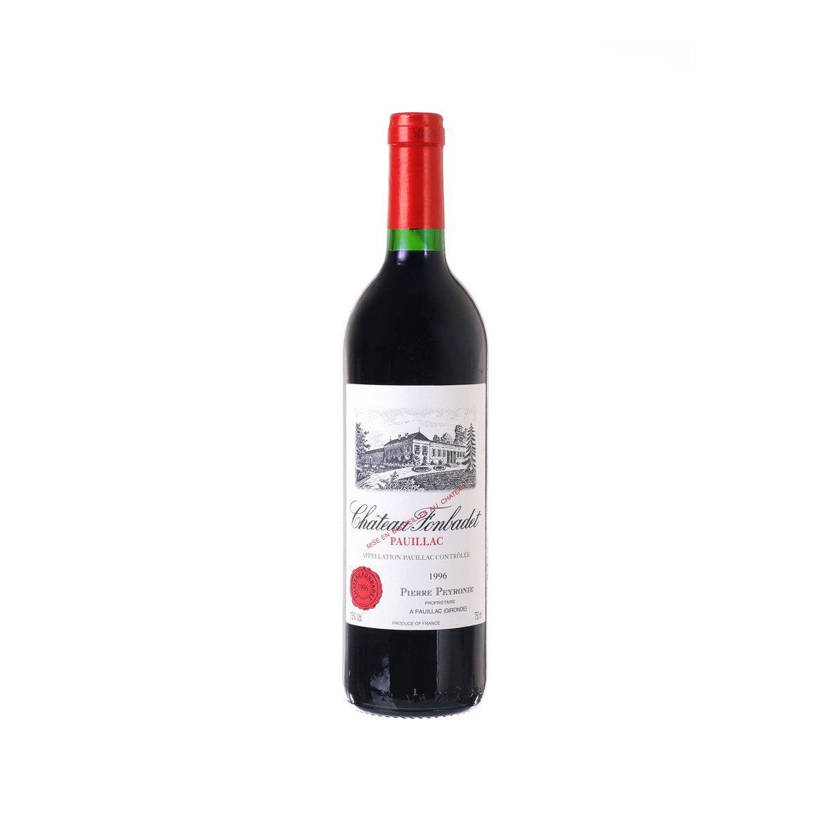 Red wine bottle with red capsule and front label