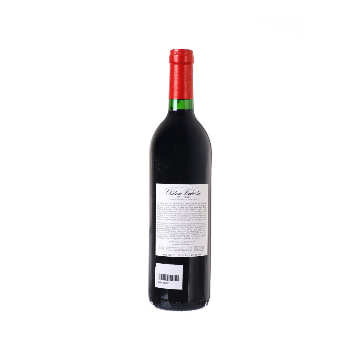 Red wine bottle with back label and barcode
