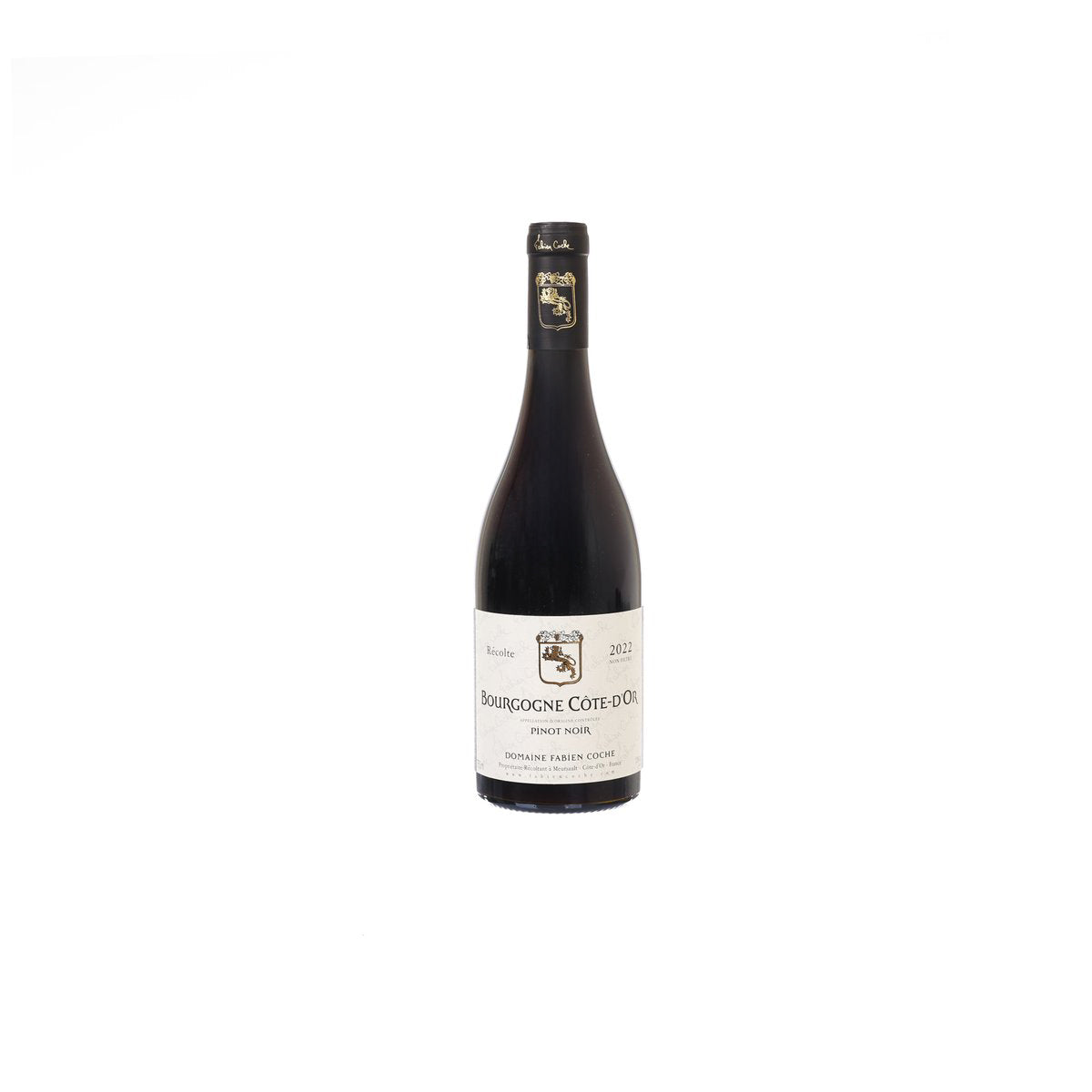 Red wine bottle with dark foil cap and front label