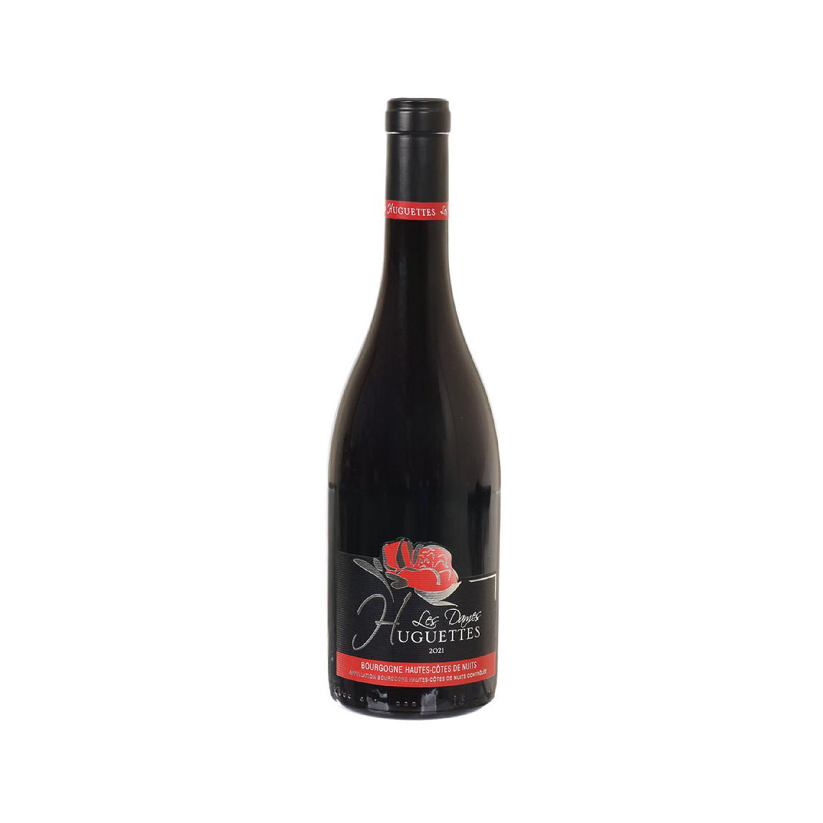 Wine bottle, dark glass with red label and 'Huguettes' branding, 750 mL
