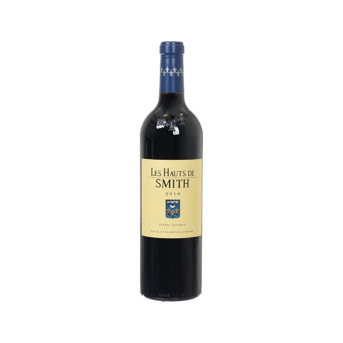Red wine bottle, black glass with blue cap and front label