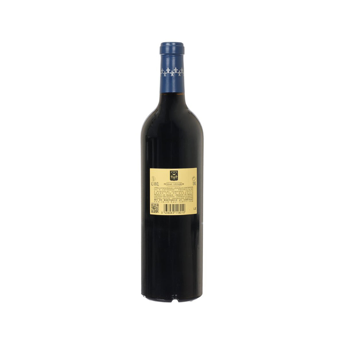 Red wine bottle, black glass with blue cap and back label with barcode