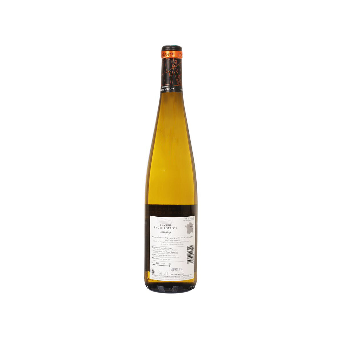 ANDRE LORENTZ Riesling 2023 wine bottle with orange cap and back label, 750 mL