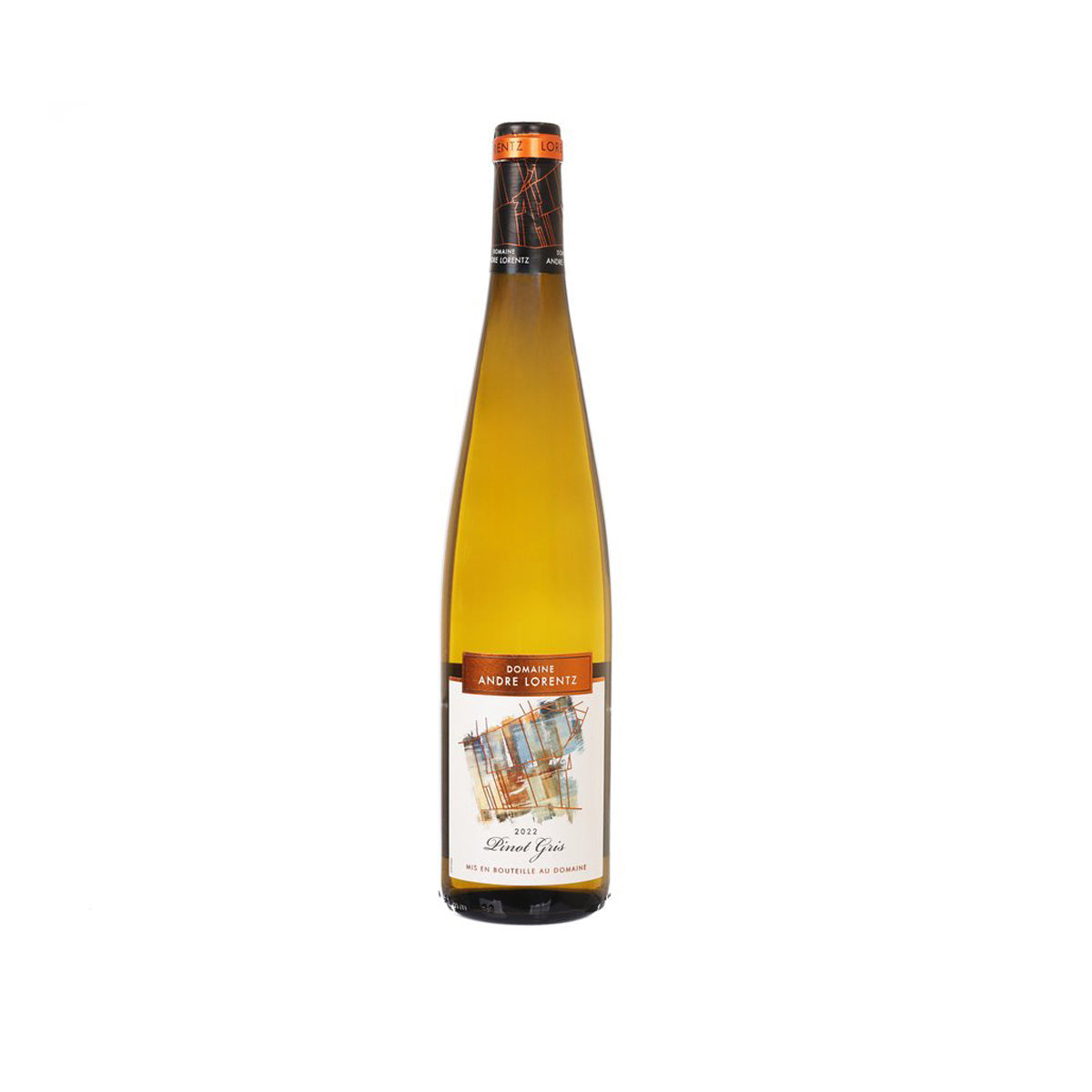 Pinot Gris wine bottle with amber glass and front label, black cap