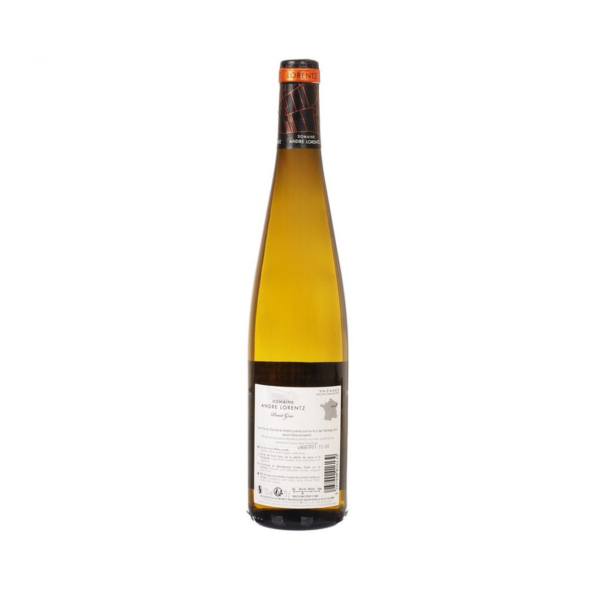 Pinot Gris wine bottle with amber glass and back label, black cap
