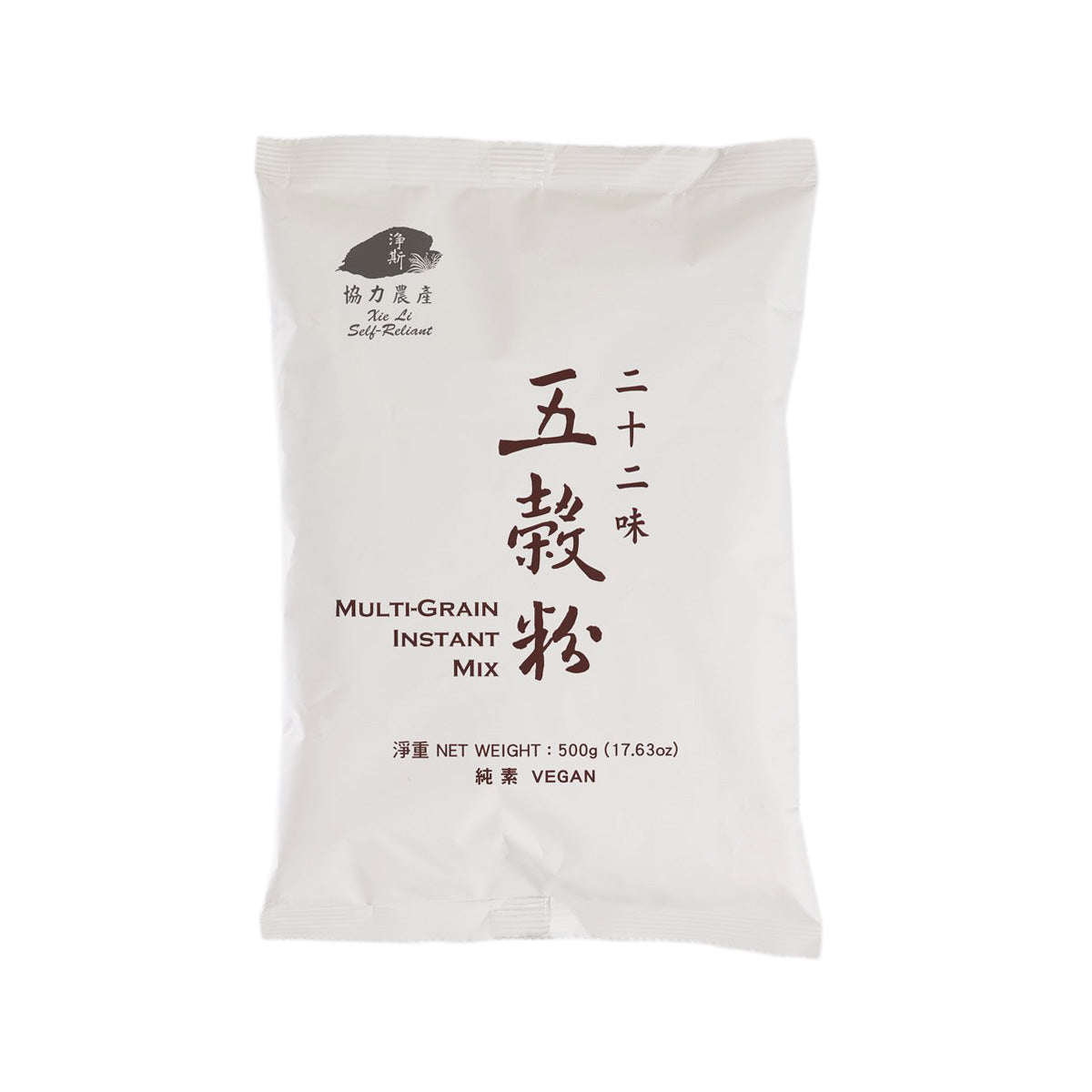 Multi-grain instant mix pouch, white bag with front label and net weight 500 g.