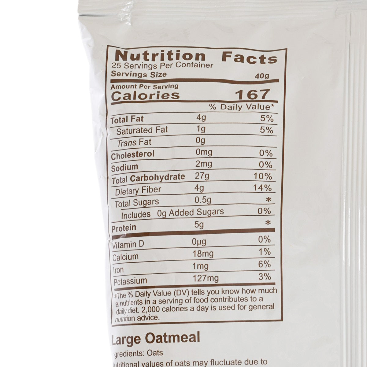 Large oatmeal nutrition facts label on white pouch, 167 calories