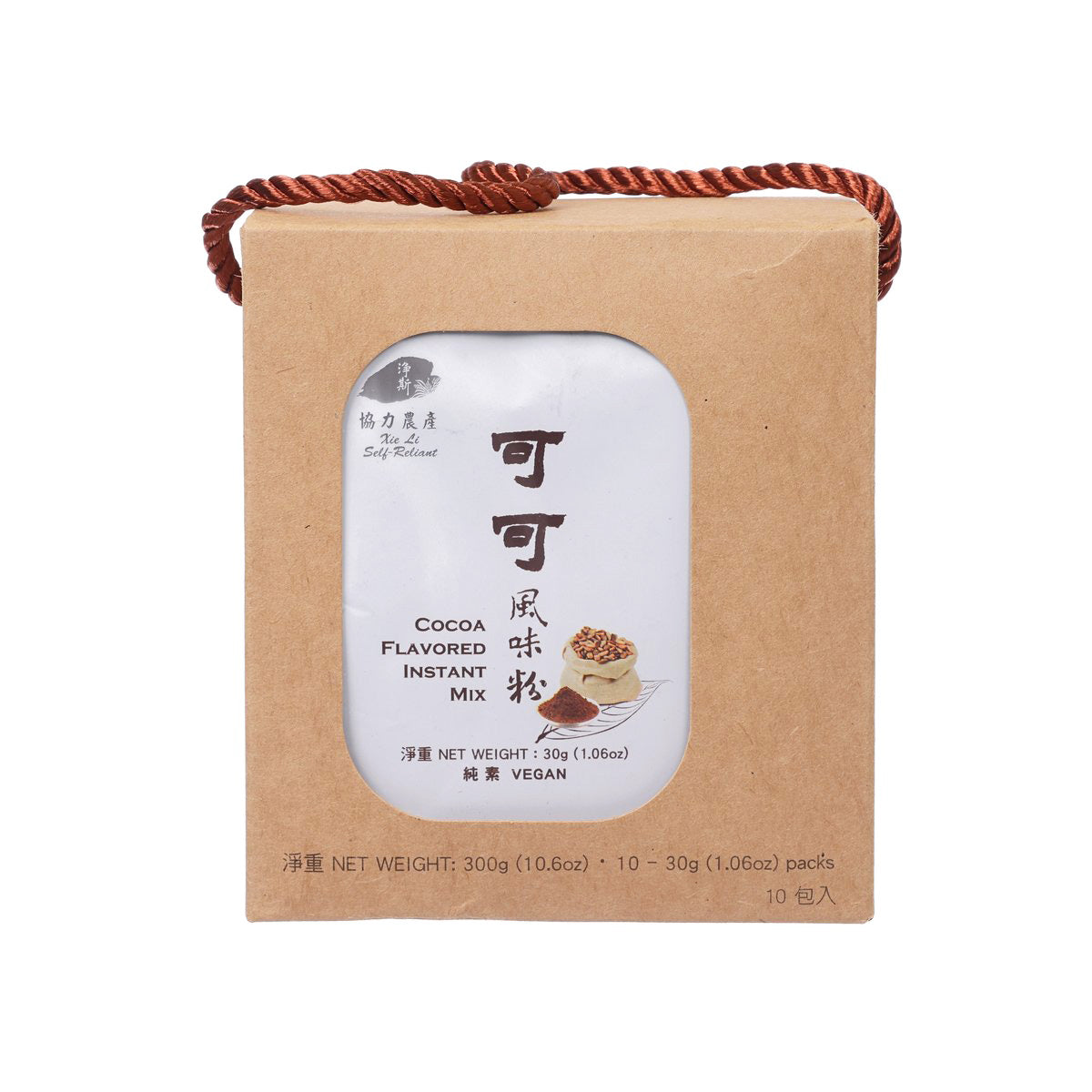 Cocoa flavored instant mix box with kraft paper and braided rope handle