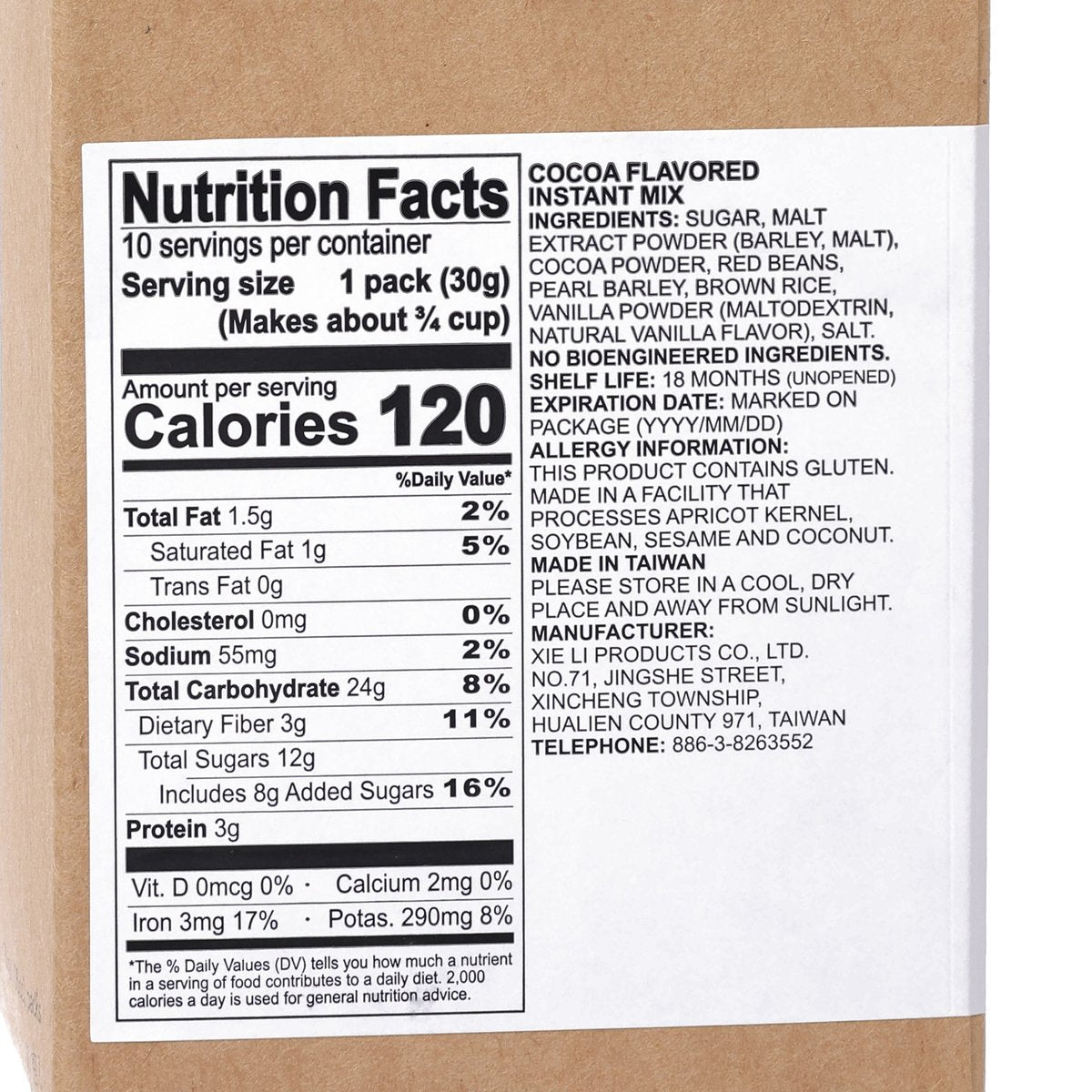 Nutrition Facts close-up on cocoa flavored instant mix box, serving size 1 pack