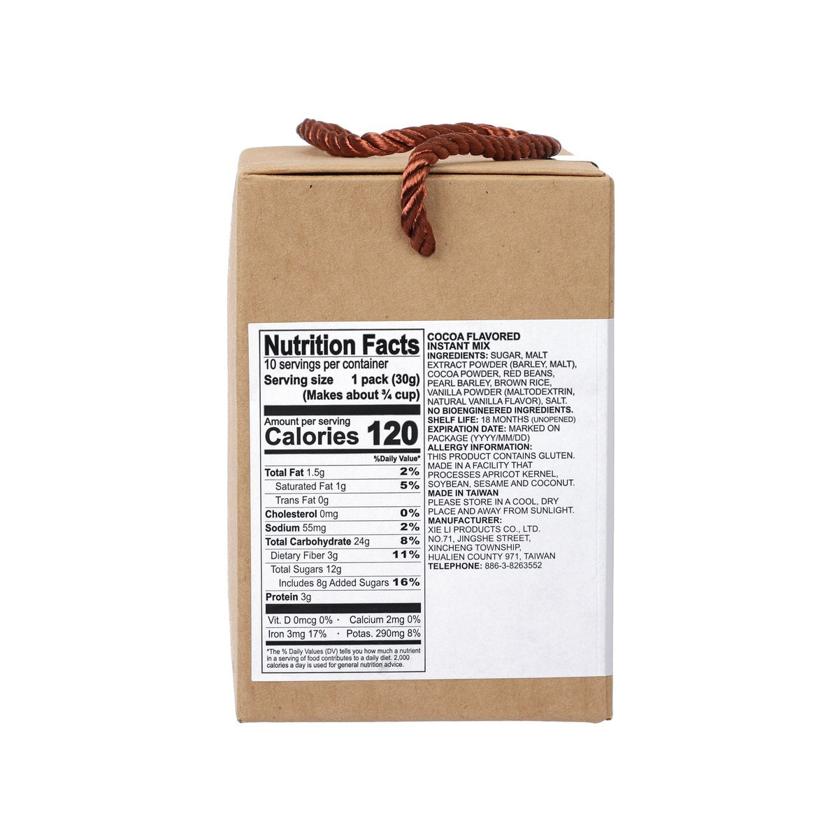Cocoa flavored instant mix box front with Nutrition Facts label