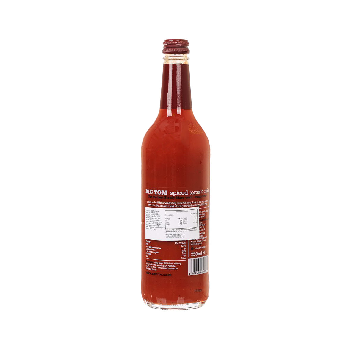 Spiced tomato mix bottle, 750 mL, back label view with barcode and serving info.