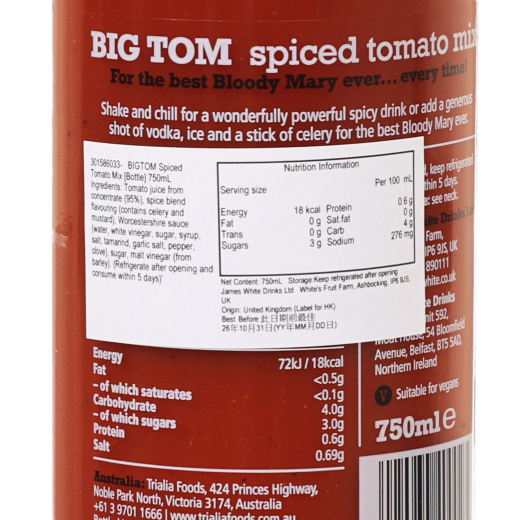 Spiced tomato mix bottle label close-up with nutrition facts, 750 mL.