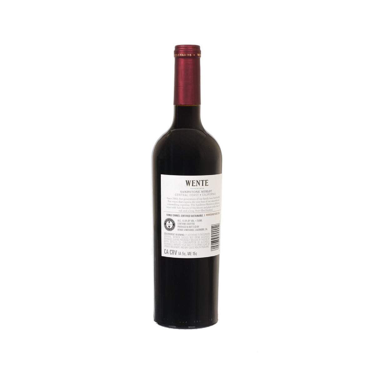 WENTE Merlot wine bottle with dark foil top, back label and barcode