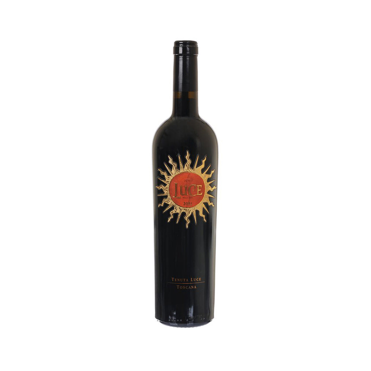 LUCE Toscana wine bottle with dark glass and front label featuring a gold sun emblem