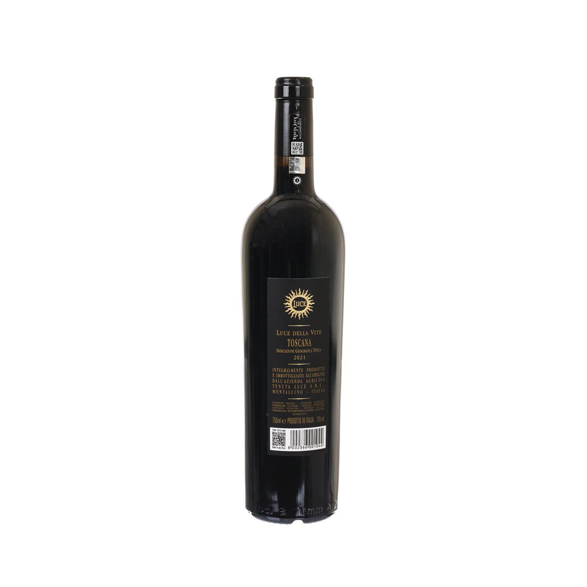 LUCE Toscana wine bottle with back label showing barcode and text on dark glass
