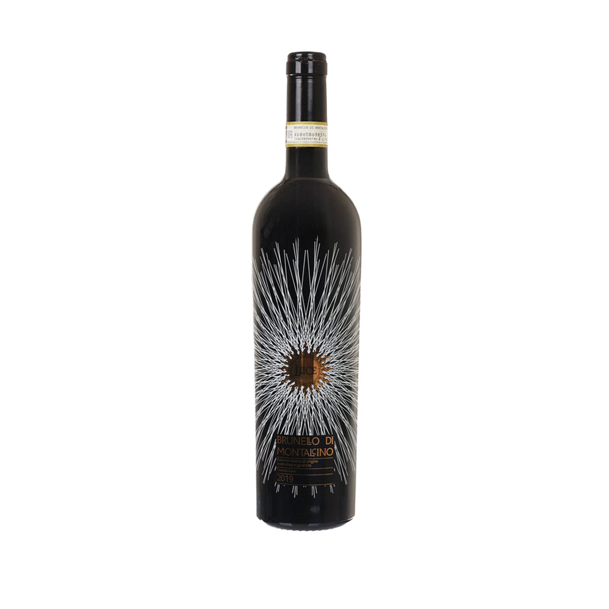Brunello wine bottle, dark glass, front label with starburst design