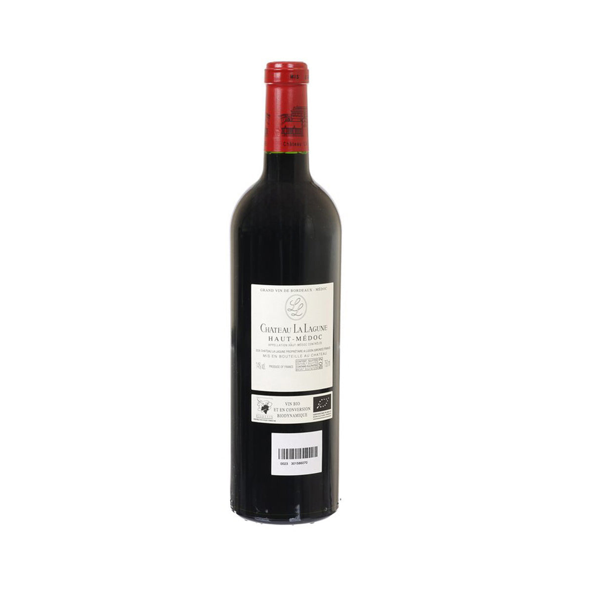 Red wine bottle with dark glass, red capsule, back label with barcode