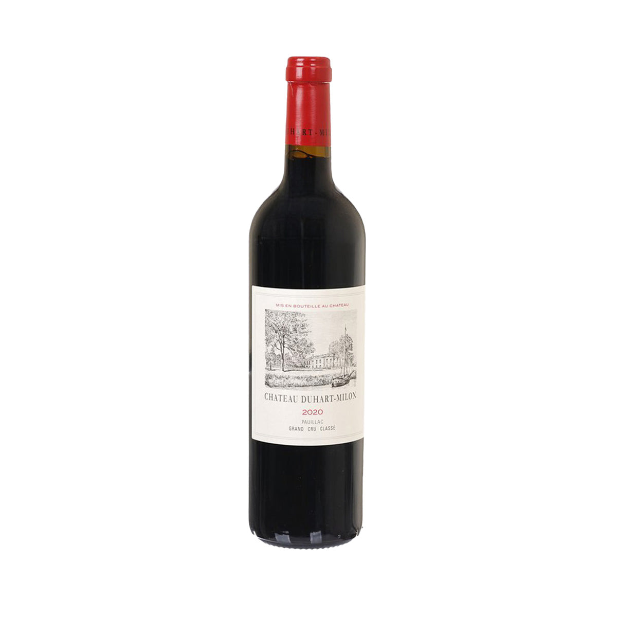 Dark wine bottle with red cap and front label