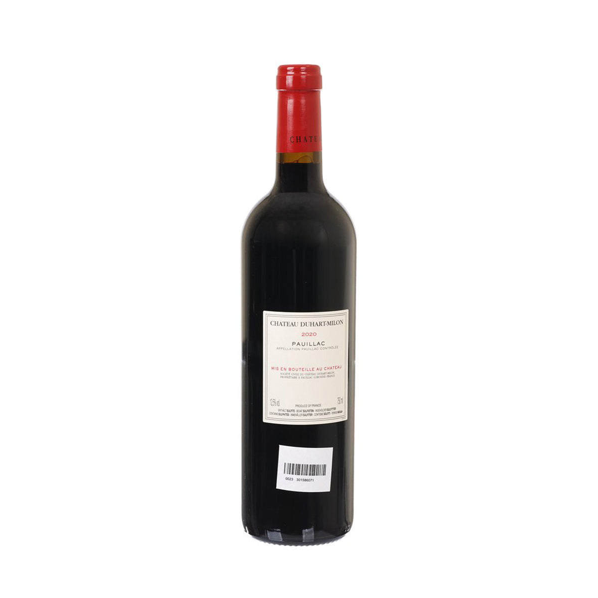 Dark wine bottle with red cap and back label