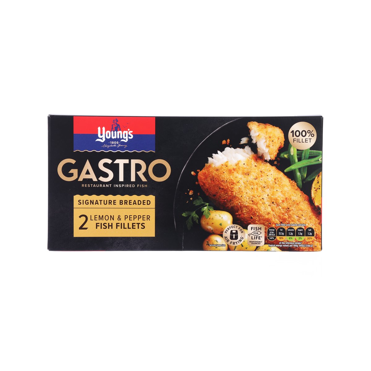 YOUNGS lemon & pepper fish fillets, signature breaded, 270g front box