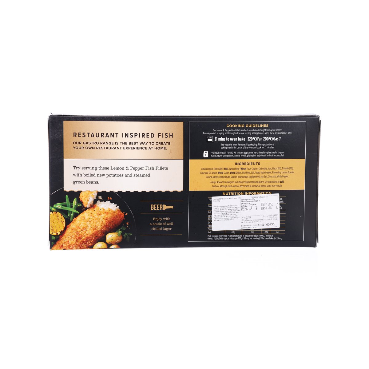 YOUNGS lemon & pepper fish fillets back of box with cooking guidelines