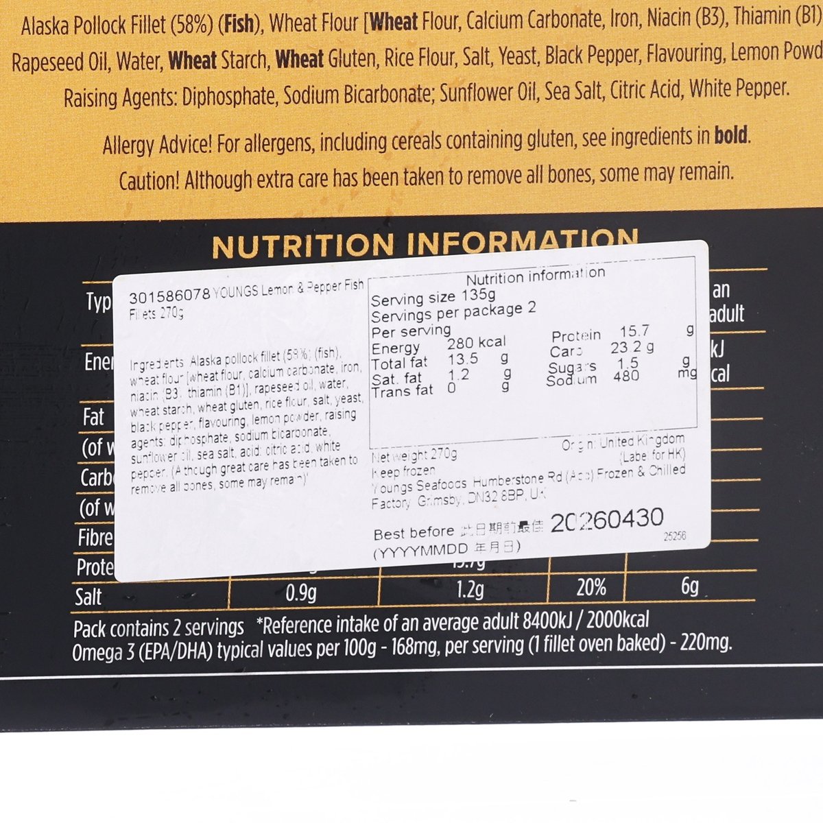 Nutrition information for YOUNGS lemon & pepper fish fillets, 270g
