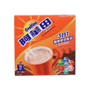 Ovaltine 3in1 malt drink box, orange front with 10 cups and 3-in-1 badge