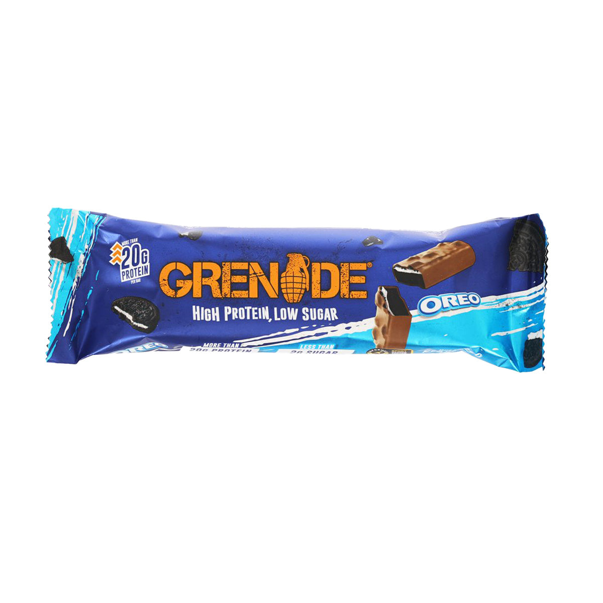 GRENADE Oreo protein bar in blue foil wrapper, 60g, high-protein, low-sugar.
