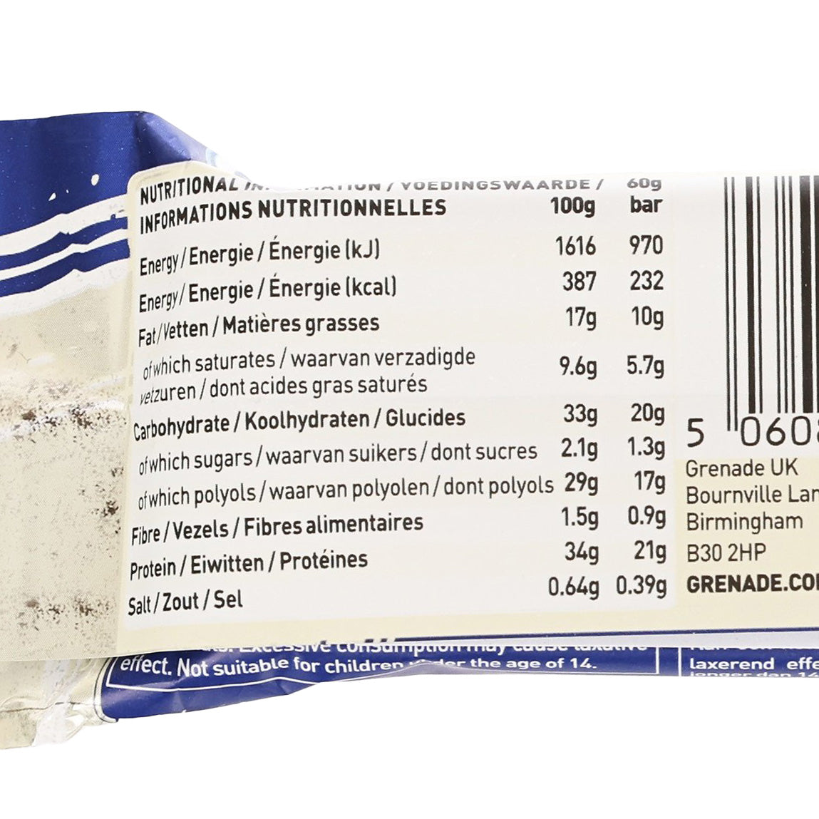 GRENADE Oreo White protein bar wrapper close-up of nutritional information table