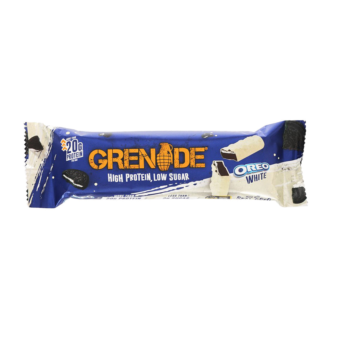 GRENADE Oreo White protein bar in blue and cream wrapper, 60 g