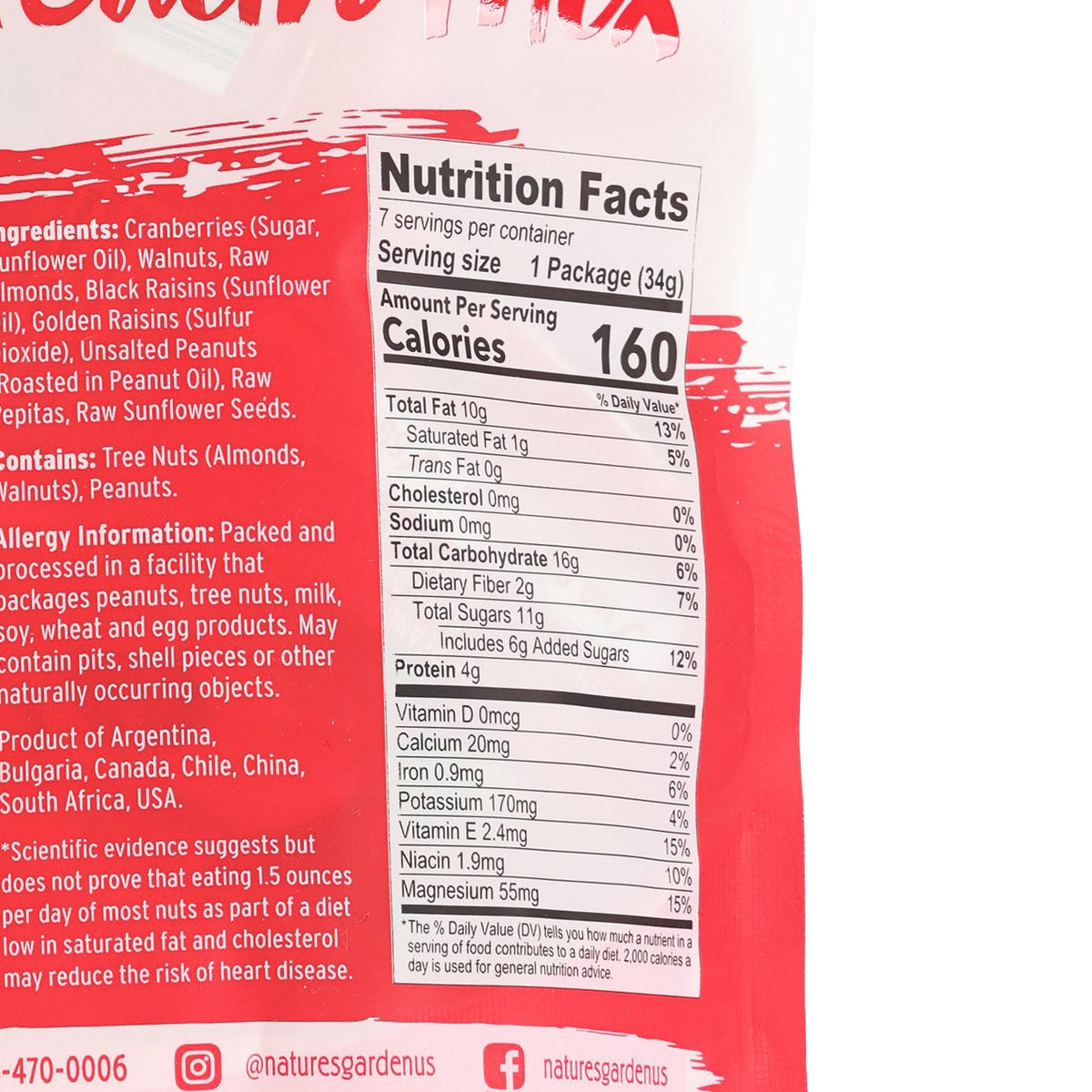 Nutrition Facts label for NATURE'S GARDEN Cranberry Health Mix, 160 calories