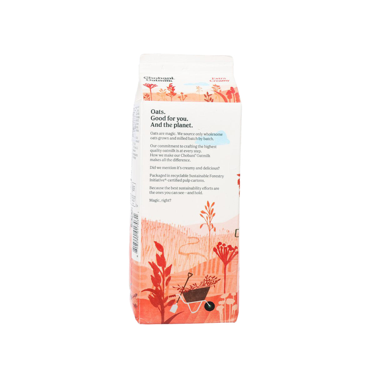 CHOBANI extra creamy oatmilk carton, back with text and barcode area