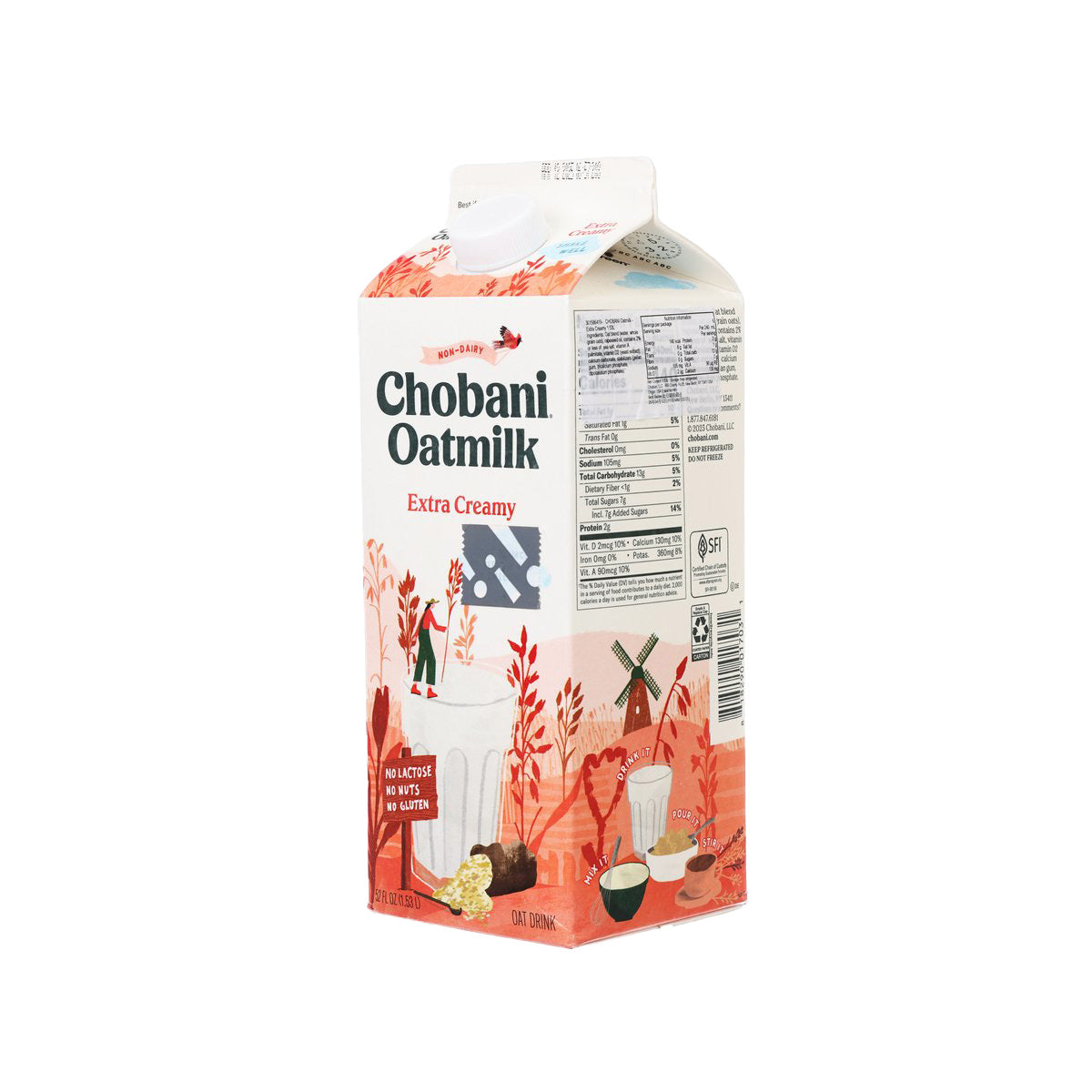 CHOBANI extra creamy oatmilk carton, side/back with nutrition panel