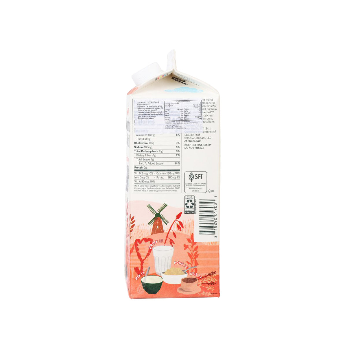 CHOBANI extra creamy oatmilk carton, back panel with barcode and icons