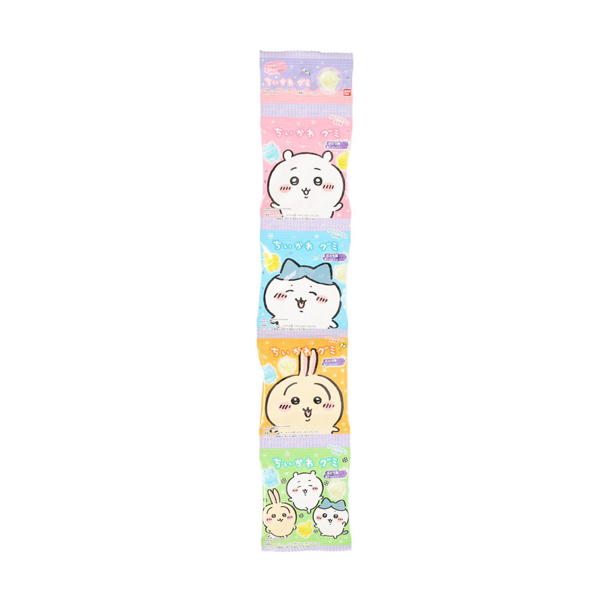 4-pack gummy candy pouches with Chiikawa character designs