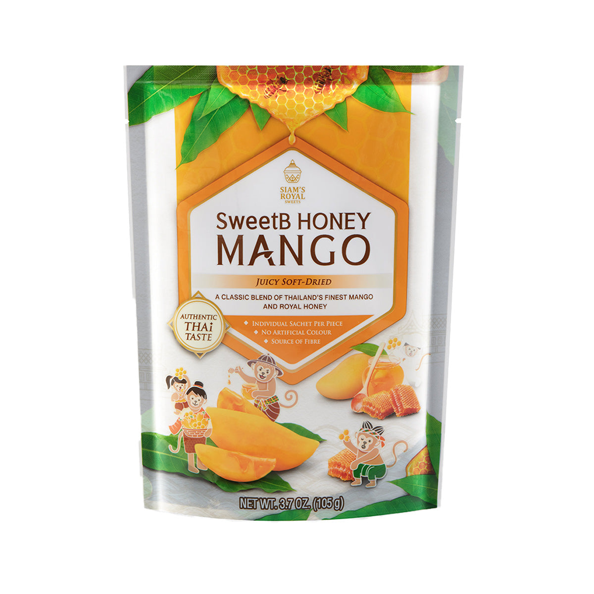 Soft-dried sweet honey mango pouch, 105g, front package with mango illustration