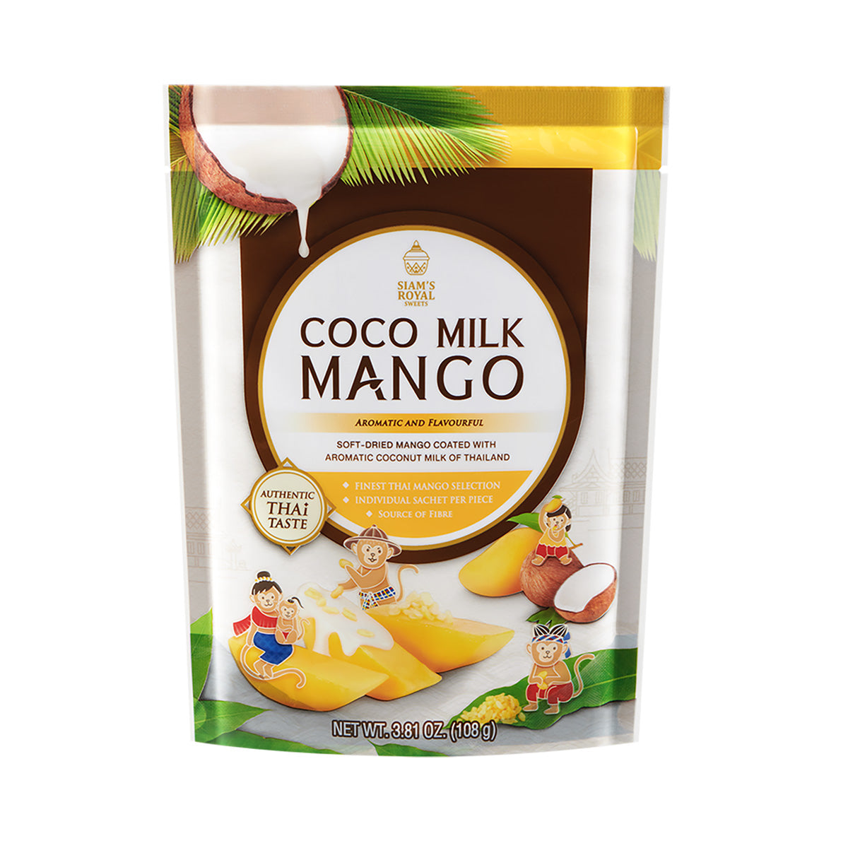 SIAM'S ROYAL coco milk mango soft-dried mango pouch, front with mango graphics