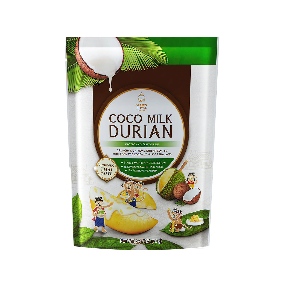 SIAM'S ROYAL freeze-dried Coco Milk Durian pouch with durian and coconut artwork