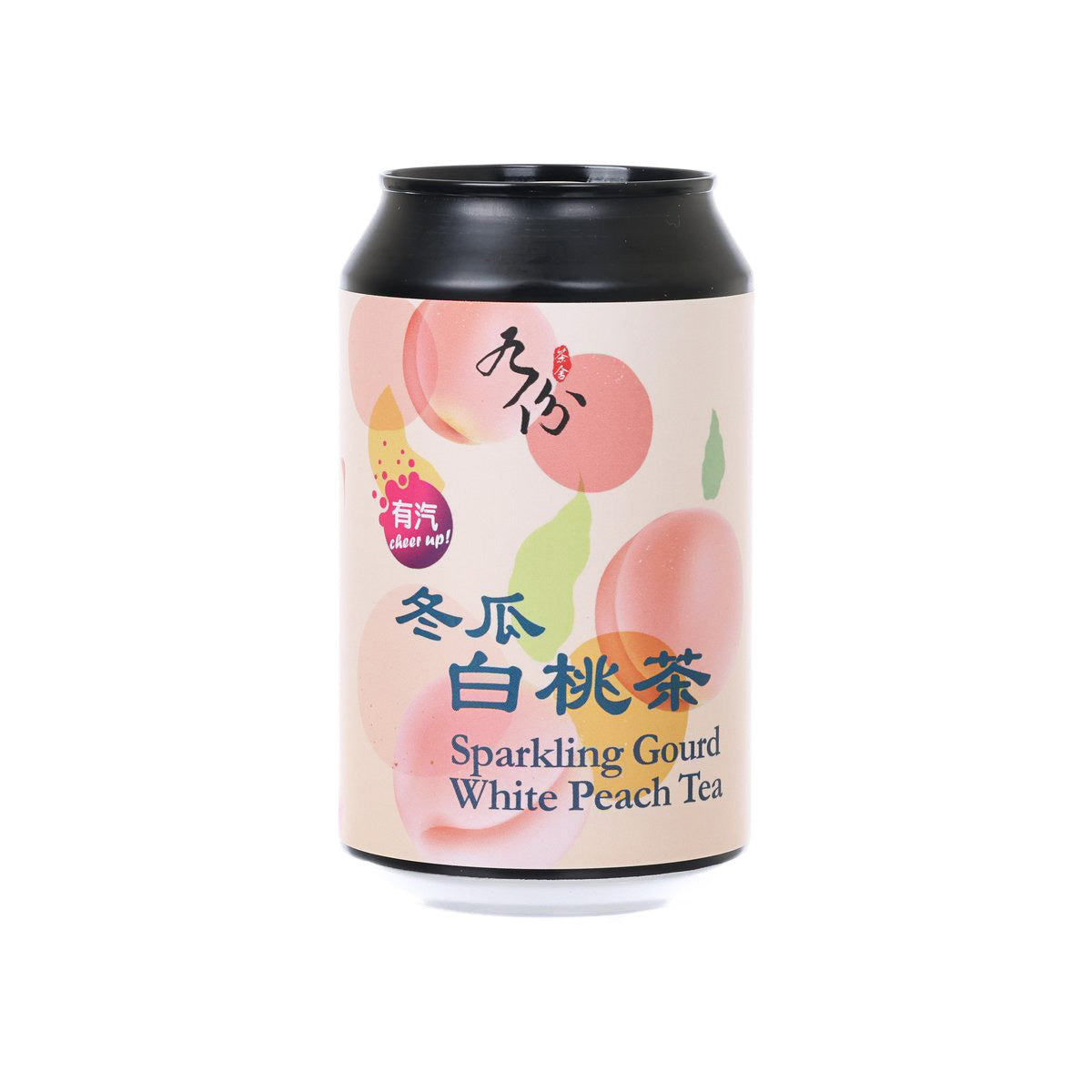 Sparkling gourd white peach tea can, 330 mL, with black top and colorful label