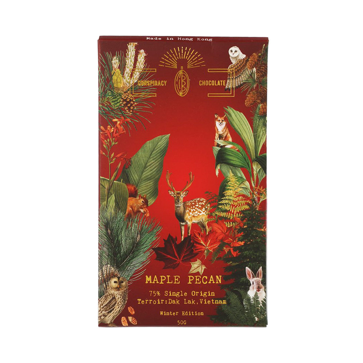 Single origin 75% dark chocolate bar, Maple Pecan flavor, 50g, branded package front