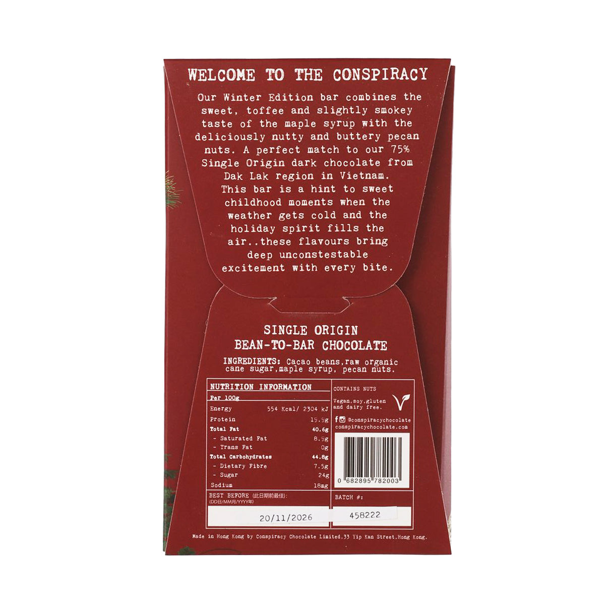 Back of single origin bean-to-bar dark chocolate package with nutrition information