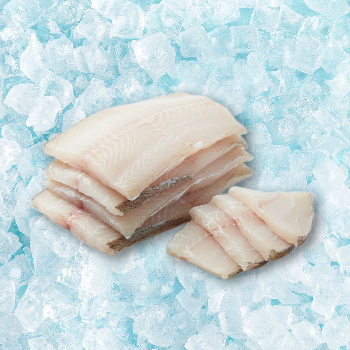 Frozen halibut fillets, stacked on ice, pale white flesh
